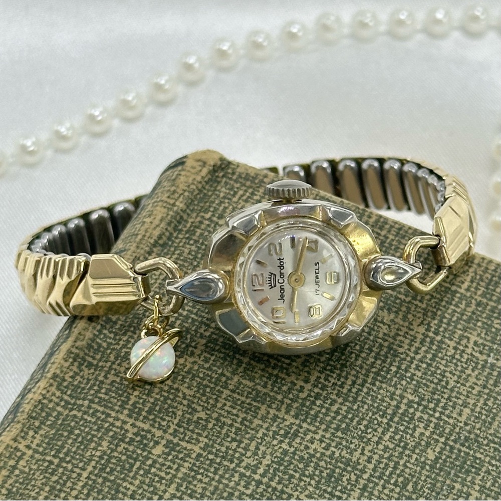 Vintage Jean Cardot Wind Up Gold Watch with Opal Saturn Charm